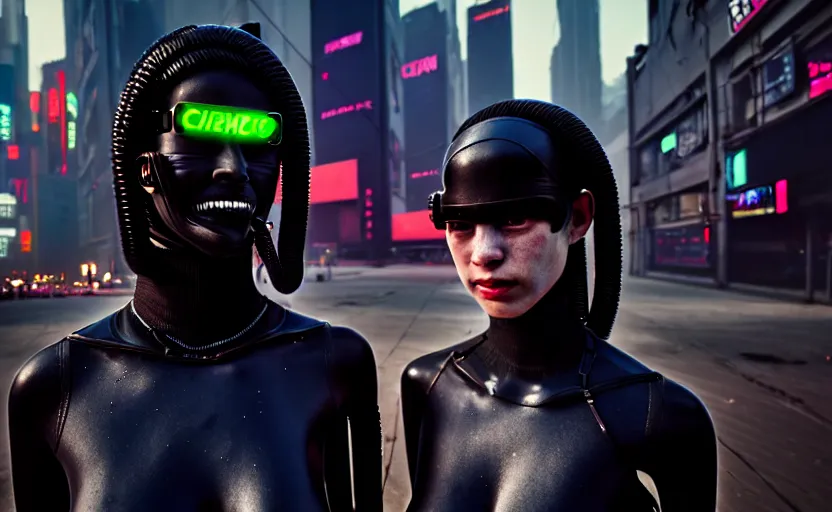 Prompt: cinestill 5 0 d photographic portrait by helen levitt of two loving female cyborgs wearing sexy black wait cutout techwear in a brilliant cyberpunk city, extreme closeup, modern cyberpunk, dust storm, 8 k, hd, high resolution, 3 5 mm, f / 3 2, ultra realistic faces, intricate detail, ex machina