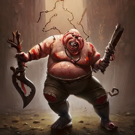 Image similar to a fat fleshy abomination butcher holding a cleaver and a hook hand, multiple arms, chained hook, cleaver knife, meats on the ground, in the style of greg rutkowski, fantasy rpg, league of legends