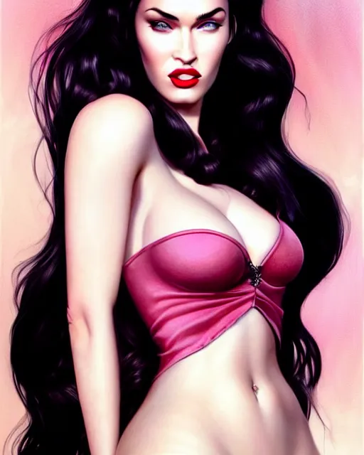 Image similar to 3 d megan fox with dark eye makeup and pink glossy lipstick, long windblown black hair, seductive camisole, pinup, intricate, glamorous fashion pose, sharp focus, illustration, highly detailed, digital painting, concept art, art by wlop and artgerm and ross tran, masterpiece, fritz willis, fine, arney freytag, charlie bowater, loish