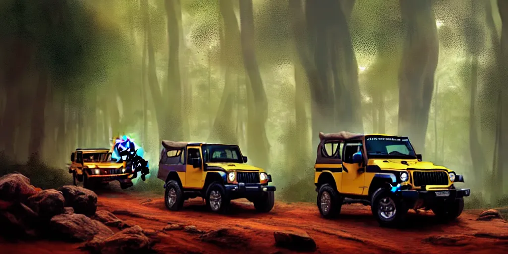 Image similar to Mahindra thar, in kerala forest, tigers and lions chasing, action scene, an epic fantasy, dramatic lighting, cinematic, establishing shot, extremely high detail, photorealistic, cinematic lighting, matte painting, artstation, by simon stalenhag, horizon forbideen west