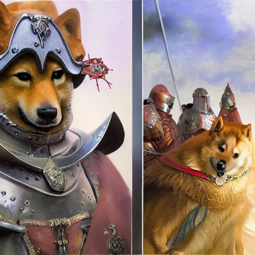 Image similar to anthropomorphic shiba inu, holy knight armor, in medieval banquet, stuning fantasy 3 d render, masterpiece, glowing aura, by donato giancola and greg rutkowski and wayne barlow and zdzisław beksinski, realistic face