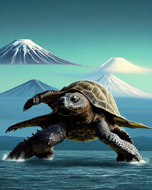 Image similar to full body photos of Gamera, the giant Turtle kaiju monster with Mount Fuji in the background, cinematic style, atmospheric, Japan, hyperreal