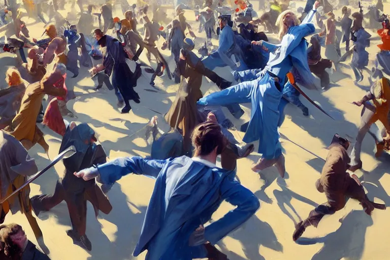 Image similar to greg manchess painting of a crowd throwing swords at a blond man in a blue suit, organic painting, sunny day, matte painting, bold shapes, hard edges, street art, trending on artstation, by huang guangjian, gil elvgren, ruan jia, randy vargas, greg rutkowski