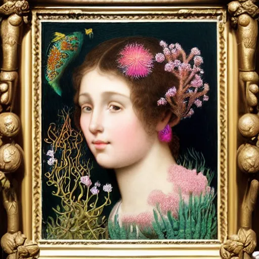 Prompt: hyperrealistic detailed portrait of a young girl with a glass face, with flowers, butterflies, corals, sea kelp, sea plants, fish, starfish, jellyfish, diamonds, filaments, golden filigree, art by ernst haeckel, john william godward, hammershøi, alphons mucha, ornamental, pastel deep colours