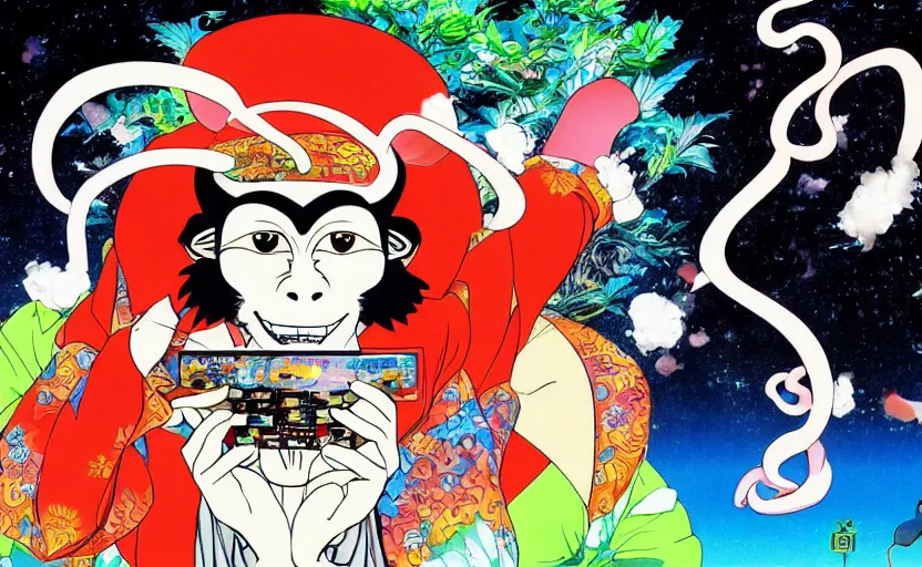 Image similar to a monkey smoking weed in cyberspace, digital painting masterpiece, painted by joji morikawa, by osamu tezuka, by yukito kishiro, by ikuto yamashita, 4 k wallpaper, beautiful, gorgeous