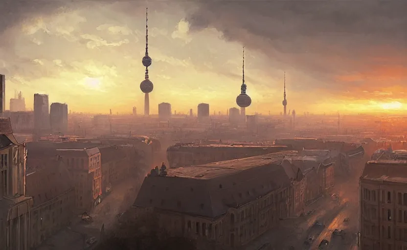 Image similar to painting of skyline of berlin at sunset, natural light, concept art, by greg rutkowski, cozy atmospheric and cinematic lighting