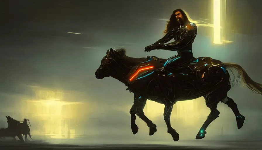 Image similar to tron legacy jesus riding cyborg horse, face, diffuse lighting, hyper realistic, concept art, intricate, hyper detailed, smooth, sharp focus, illustration, trending on artstation, art by greg rutkowski and james gurney and alphonse mucha