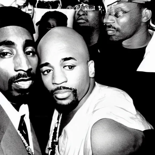 Prompt: Tupac and scarface selfie, Alex Jones peeping from behind