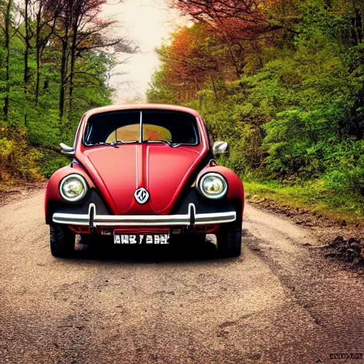 Image similar to promotional scifi - blockbuster movie scene of a ladybug ( volkswagen beatle ) hybrid, flying down a dusty backroad in smokey mountains tennessee. cinematic, muted dramtic color, 4 k, imax, 7 0 mm, hdr