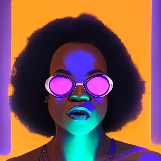 Image similar to viola davis wearing opaque reflective goggles profile picture by Greg Rutkowski, brown skin, long afro hair, asymmetrical, futuristic, neon volumetric lights, cool colors, streetwear, studio ghibli, Organic Painting , Matte Painting, geometric shapes, hard edges, street art, trending on the artstation, fantasy LUT, realistic by Sachin Teng + Martin Grip + Moebius, techwear, Industrial Scifi, detailed illustration, character portrait,