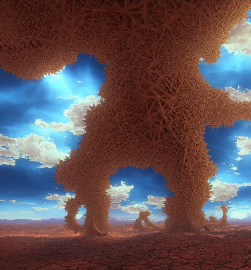 Image similar to environment of multiple detailed complex fractal architecture structures in a vast utah desert landscape that meets the ocean, by glenn small, by albert bierstadt photorealism, hyper realism, octane render, unreal engine, volumetric light, depth of field, volumetric clouds, god rays, lens flares, detailed, intricate, twin motion, megascan, high resolution, realistic render