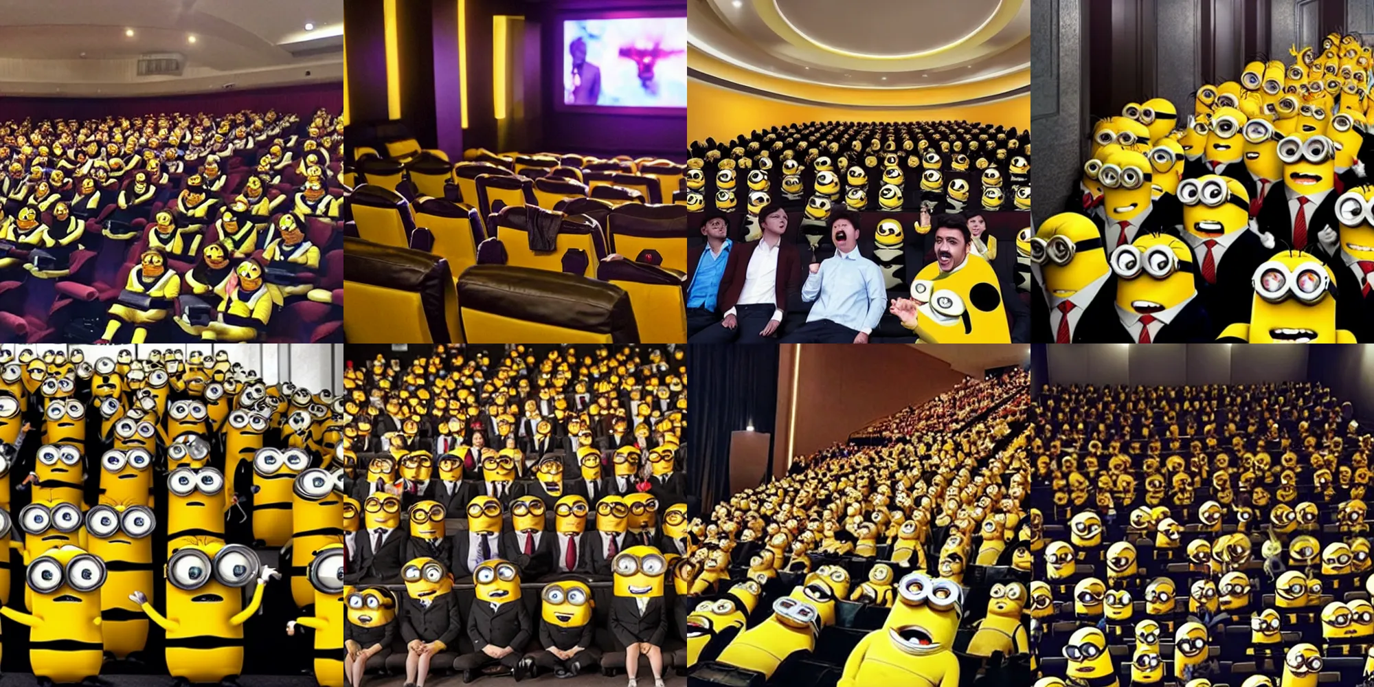 Prompt: a burning cinema hall full of minions in suits