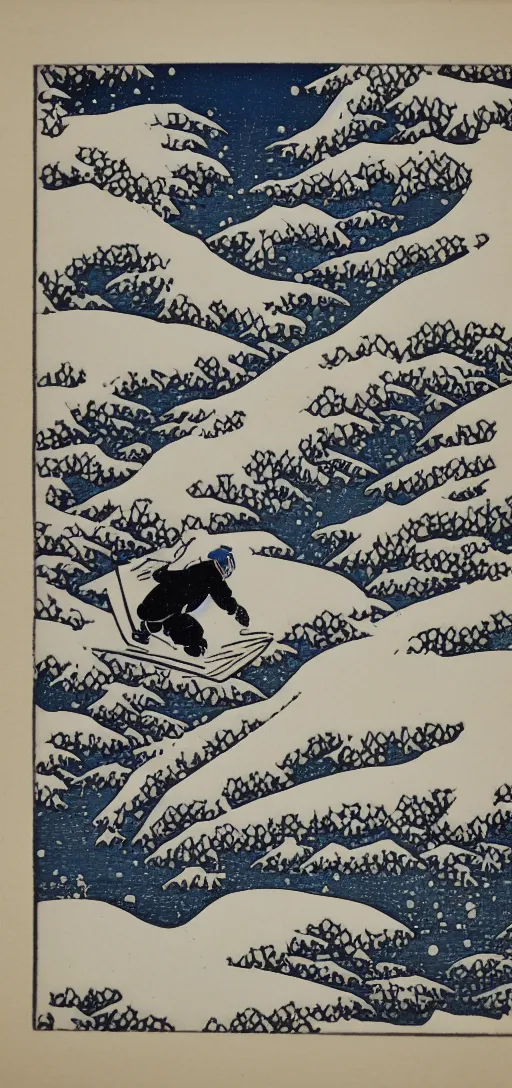 Prompt: man snowboarding carving tracks woodblock print, style of hokusai, fine art, style of kanagawa, winter painting