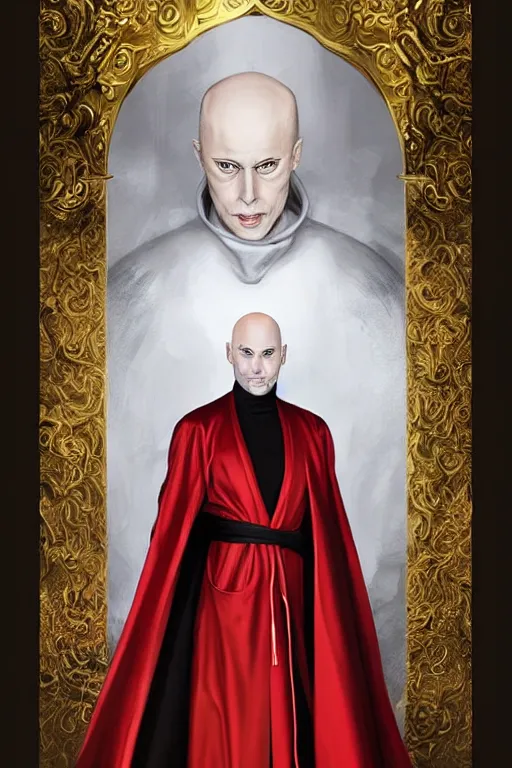 Prompt: a bald pale sorcerer in his late ninetees. stately and dour in his expression. eyeliner accentuates his sunken eyes. a high black turtleneck covers his thin neck. opulent white golden red robe, gold decoration, sharp focus, digital painting, illustration, art by magali villeneuve
