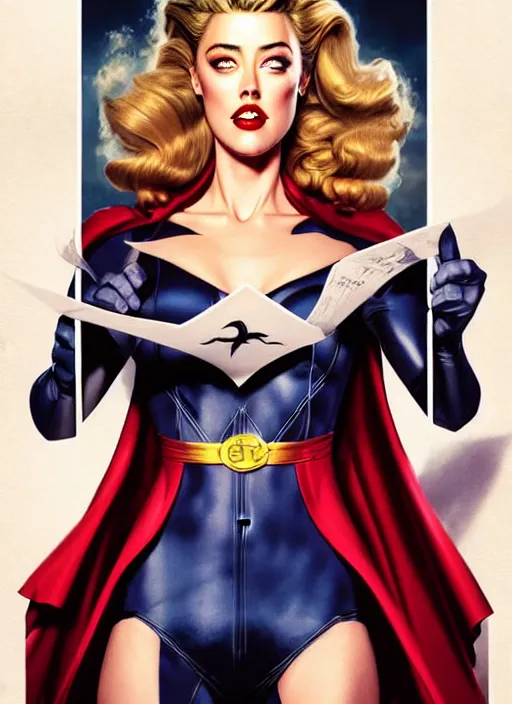 Image similar to evil amber heard as a comic book super villain wearing a courtroom costume, full body portrait, natural lights, photorealism, dramatic, cinematic, art by artgerm, rossdraws, norman rockwell, magali villeneuve, gil elvgren, alberto vargas, earl moran, enoch bolles