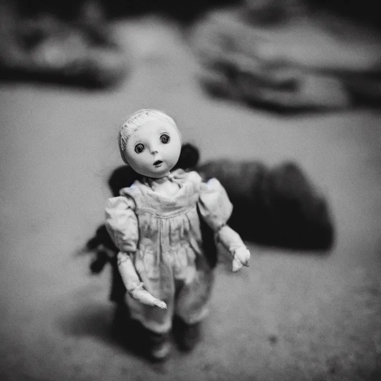 Prompt: a tilt shift photo of a creepy sad doll Tri-X 400 TX