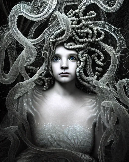 Image similar to surreal mythical dreamy underwater artistic black and white photo of a translucent beautiful young female angelic - medusa - vegetal - cyborg - doll covered with fish scales, highly detailed, intricate crystal ivy jelly fish scales ornate, poetic, translucent algae ornate, digital art, octane render, 8 k artistic photography, photo - realistic, by diane arbus in the style of gustave dore