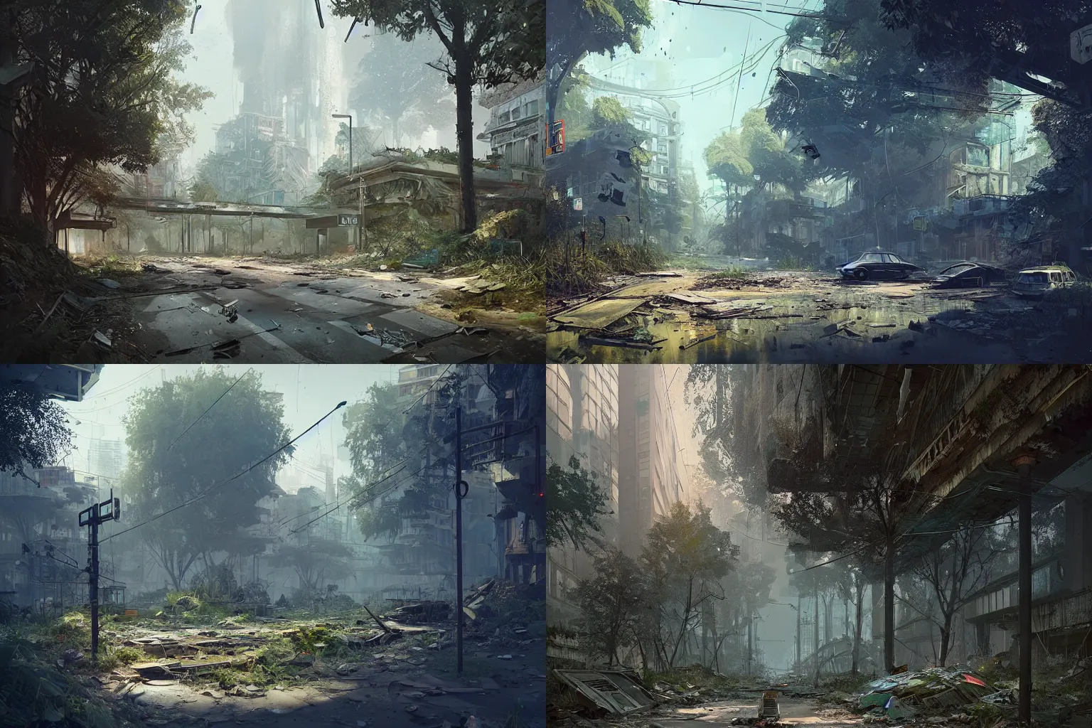 Prompt: concept art of an abandoned ruined big city street overgrown with nature by filip hodas and ismail inceoglu, hyper realistic, unreal engine, atmospheric, detailed