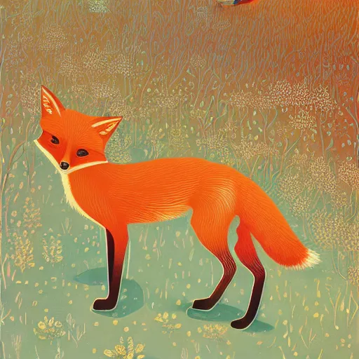 Prompt: little curious fox on the prowl oil painting victo ngai