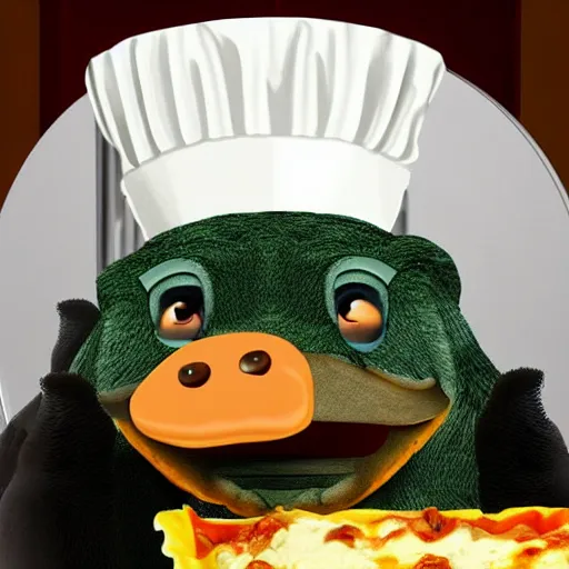 Prompt: platypus with a chef hat cooking a lasagna with three basil leaves over the lasagna