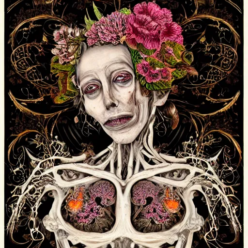 Prompt: a beautiful detailed front view baroque portrait of a rotten woman corpse with fractal plants and fractal flowers and mushrooms growing around, intricate, symmetrical, ornate, bones, art nouveau style