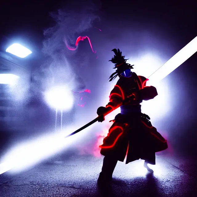 Image similar to cyber samurai fire dance slashing sword atomic, detailed bushido form smoke, fighting stance atomic energy, shibuya prefecture, cinematic neon uplighting, fog mist smoke, photorealistic, night photography by tomino - sama