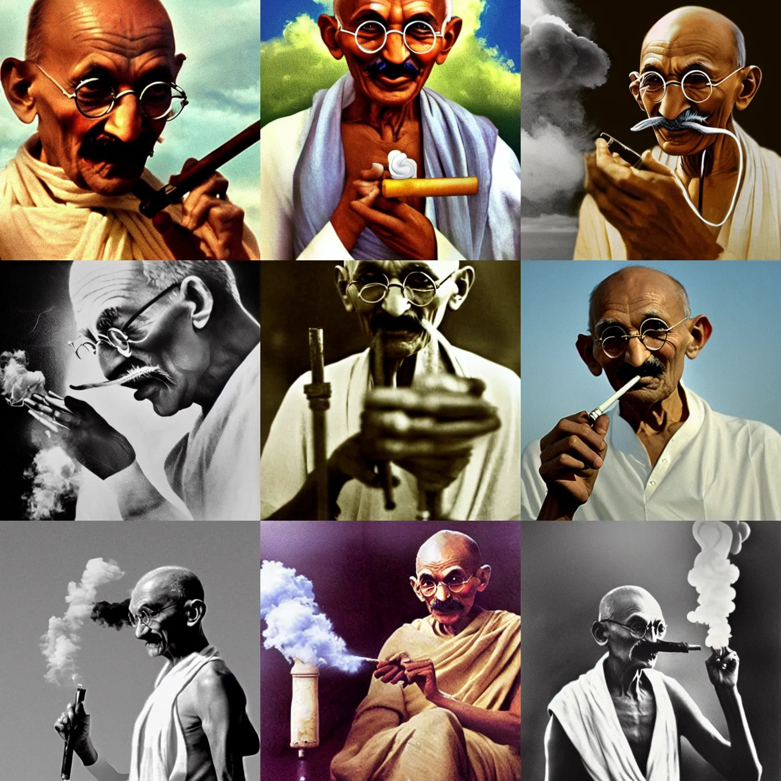 Prompt: Mahatma Gandhi (((smoking a bong))), water pipe, fat cloud, weed, cinematic masterpiece