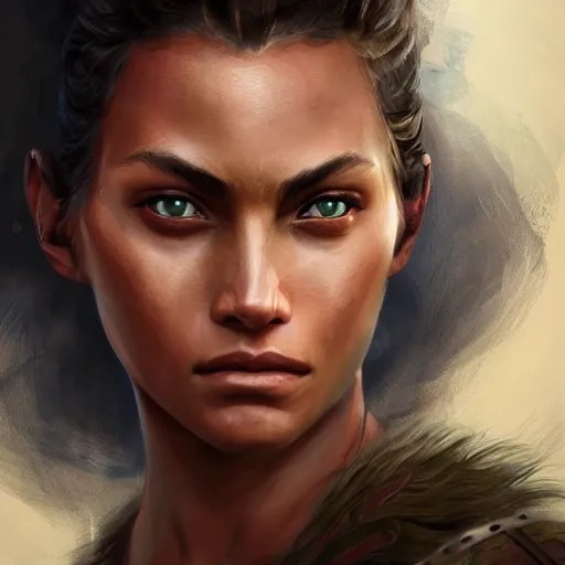 Prompt: beautiful, very strong, mixed race, female, middle aged, face, no makeup, no tattoos, warrior, battle hardened, head shot, fantasy, highly detailed, digital painting, artstation, concept art, smooth, sharp focus, illustration, art by jodie muir and brom