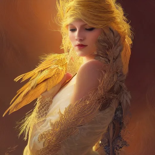 Image similar to a portrait of an attractive young female, beautiful long hear, clothed in golden feathers, intricate, elegant, highly detailed, digital painting, trending on artstation, concept art, smooth, sharp focus, illustration, art by artgerm and greg rutkowski and alphonse mucha