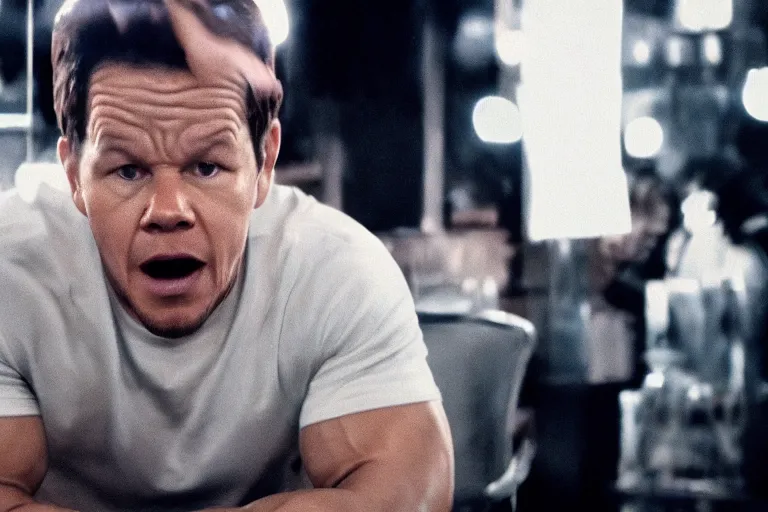 Image similar to mark wahlberg as matt daemon, all faces are distorted contorted, shock, repulsion, disgust, frustration, annoyance, laughter, smirk, snicker, cinematic still, movie still, long lens, shallow depth of field, bokeh, anamorphic lens flare, 8 k