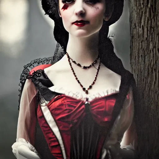 Image similar to A beautiful portrait of a lady vampire, victorian, dracula, ominous, depth of field, 85mm lens, bokeh, photorealism, ultra detailed, irwin penn, high definition, soft light