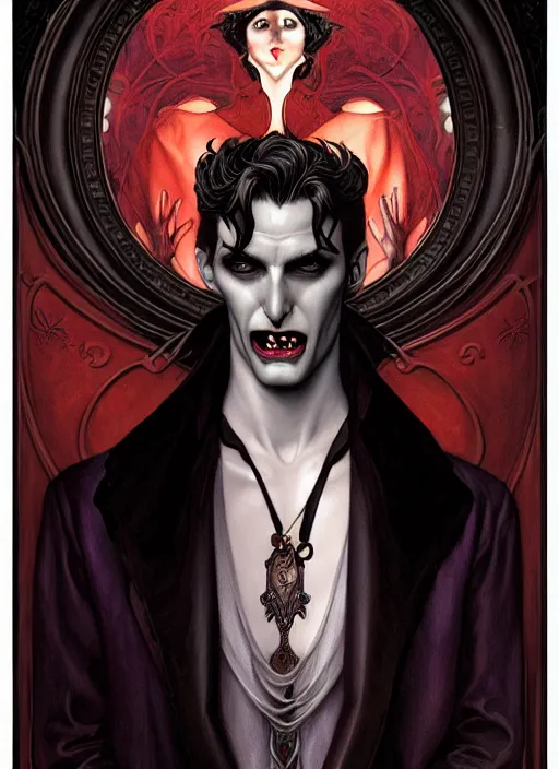 Image similar to an art nouveau, male vampire portrait in the style of charlie bowater, and in the style of donato giancola, and in the style of charles dulac. very large, clear, expressive, intelligent eyes. symmetrical, centered, ultrasharp focus, dramatic lighting, photorealistic digital painting, intricate ultra detailed background.