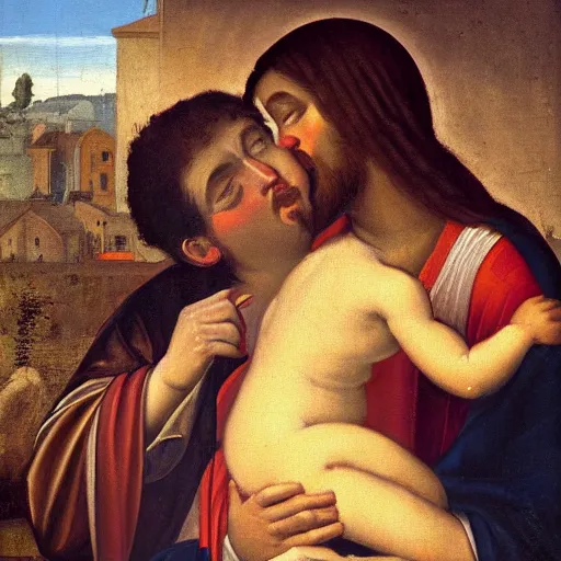 Prompt: an oil panting of a jesus kissing maria maddalena