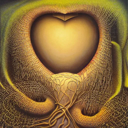 Image similar to her heart by jacek yerka, alex gray, zdzisław beksiński, dariusz zawadzki, jeffrey smith and h.r. giger, oil on canvas, 8k highly professionally detailed, trending on artstation