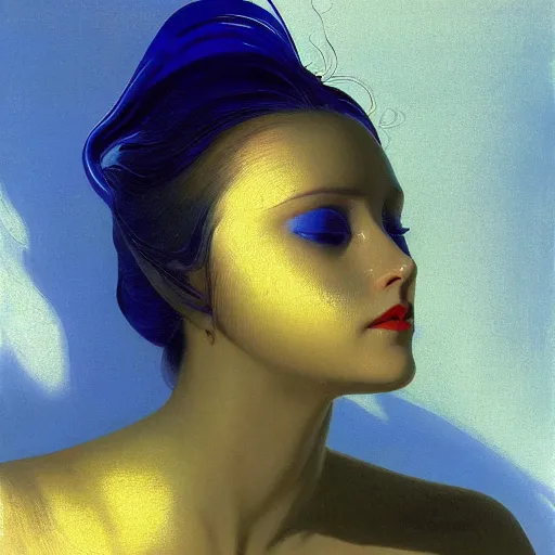 Image similar to a chrome woman's face in flowing sheets of cobalt blue gold chrome silver satin, by moebius syd mead roger dean wojciech siudmak donato giancola yoshitaka amano ivan aivazovsky jan de heem pieter claesz paul delaroche alma tadema aelbert cuyp willem claesz, hyperrealistic volumetric light render