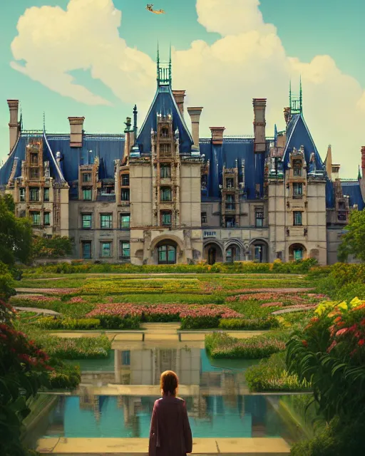 Image similar to highly detailed surreal vfx portrait of the biltmore estate, stephen bliss, unreal engine, greg rutkowski, loish, rhads, beeple, makoto shinkai and lois van baarle, ilya kuvshinov, rossdraws, tom bagshaw, alphonse mucha, global illumination, detailed and intricate environment