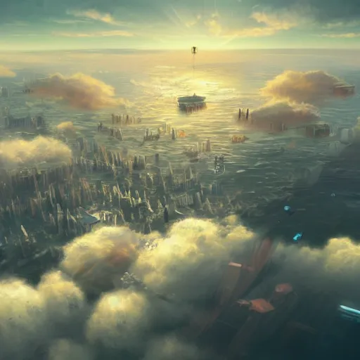 Image similar to a floating city in the clouds, 4 k, artstation
