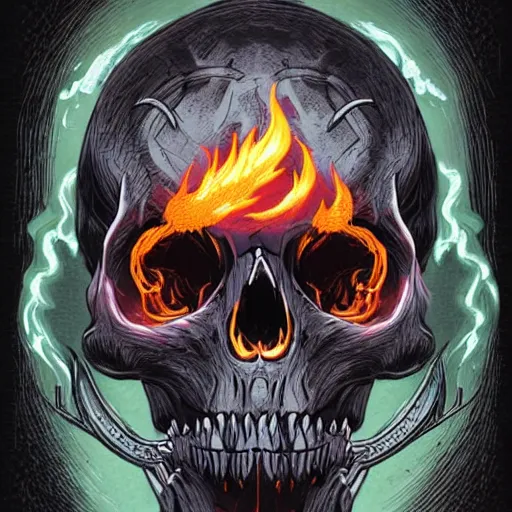 Prompt: skull helmet with flaming eyes, pulp fantasy illustration