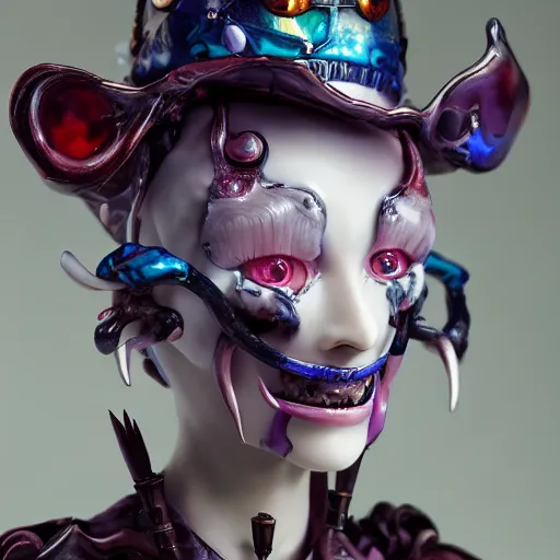 Prompt: by Yoshitaka Amano, by James Jean, by Good Smile Company, detailed resin anime sculpture of a 26yo female jester necromancer wearing a skull hat, close up dslr studio photograph, headshot, portrait, artstation, sci fi futuristic costume, rim lighting