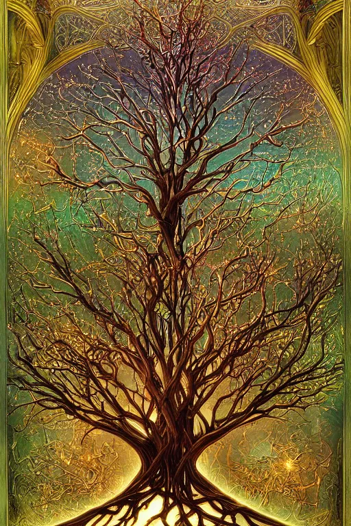 Image similar to lateral cross - section view. magical glowing tree of life, centralized, ethereal, rich estate, fantasy, smooth, sharp focus, high detailed digital art, ultra wide shot, lush colors, in the style of greg rutkowski and hans zatzka, digital art, sharp focus, highly realistic, exquisite ornate metal gothic icon heavy patina, delicate,