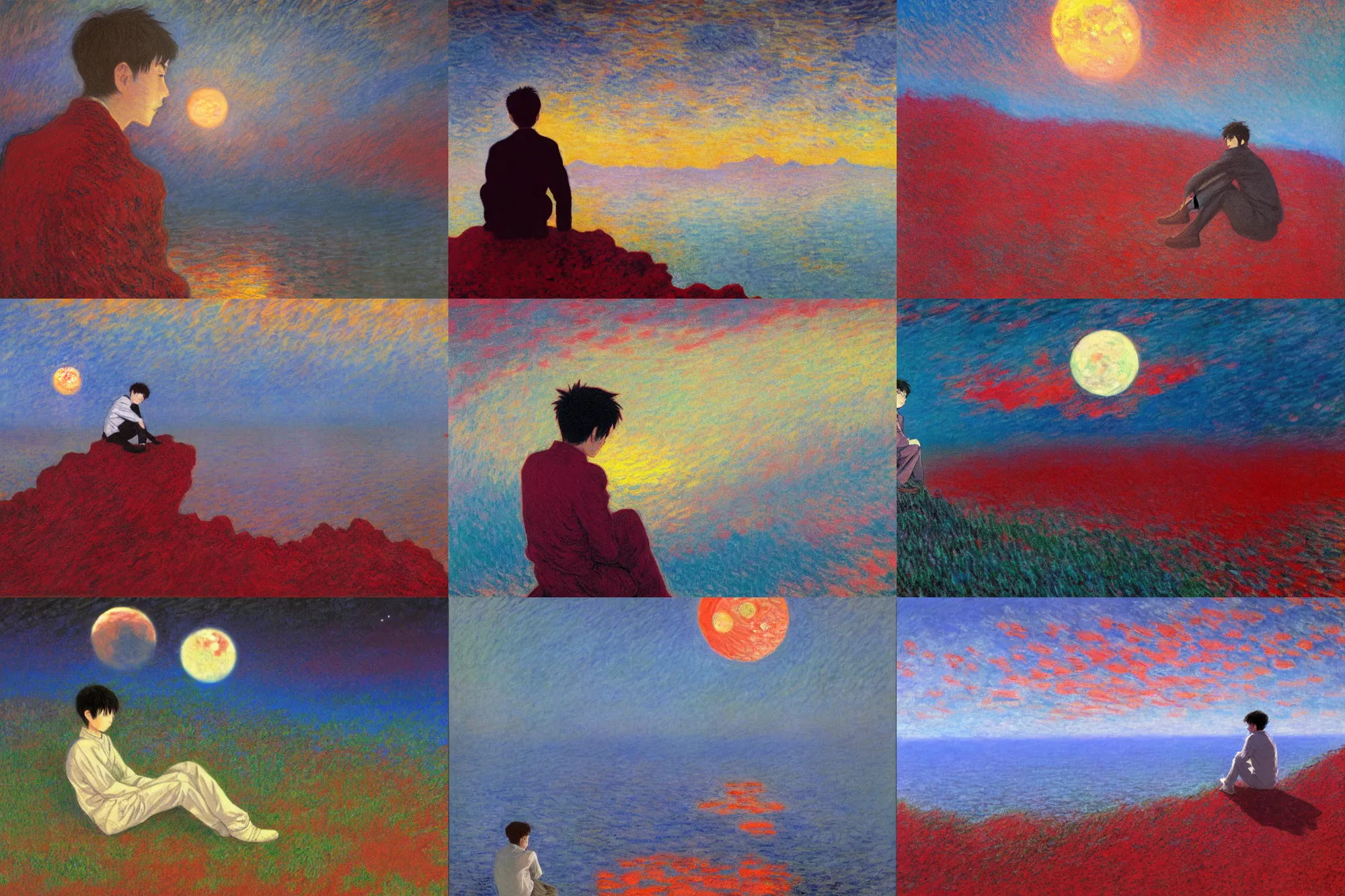 Prompt: Shinji Ikari sitting in a red rocky landscape at night. the sea is dark red. bright moon in the sky, moonlight in the darkness, Yoshitaka Amano, beautiful painting by claude monet, highly detailed textured 8k