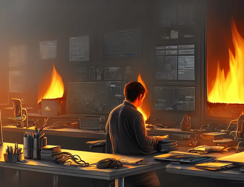 Image similar to a man works at a workstation in a very big office with burning fires, close up, featured in artstation, intricate, ultra detailed, unreal engine, concept art, wide - angle lens, sharp focus, illustration, 8 k