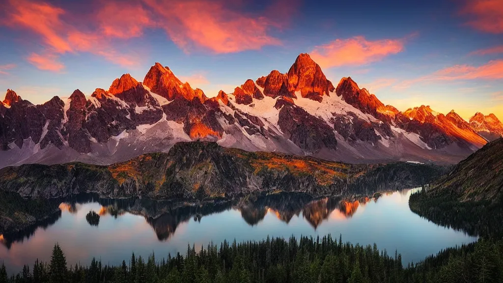 Image similar to amazing eagleview landscape photo of mountains with lake in sunset by marc adamus, beautiful dramatic lighting