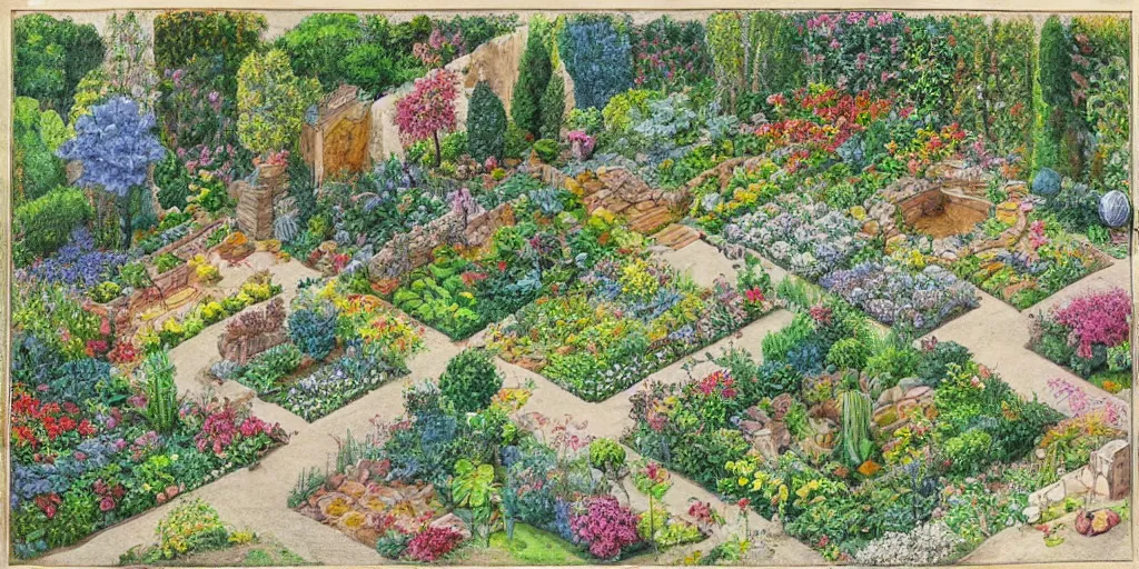 Image similar to an illustration of a beautiful garden, isometric view, painted