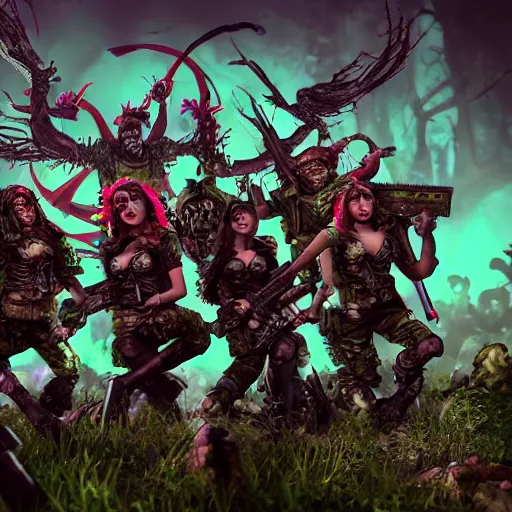 Image similar to squad of beautiful armed zombie girls in army of nurgl warhammer in fantasy green forest between a trees fights with a monster, dark fantasy, highly detailed, trending on artstation, Unreal Engine 4k