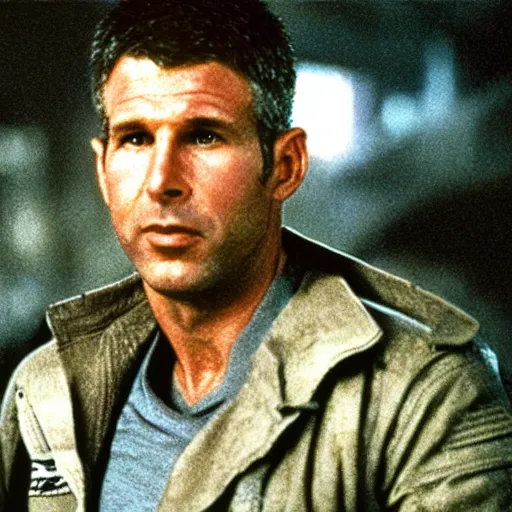 Image similar to film still blade runner Officer Deckard wearing techwear