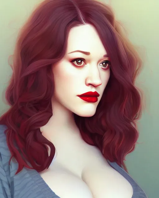 Image similar to kat dennings christina hendricks jennifer tilly, in wooly sweater, belt, plump lips, big eyes, by wlop and ilya kuvshinov and artgerm, gorgeous, stunning, alluring, artstation, deviantart, digital art