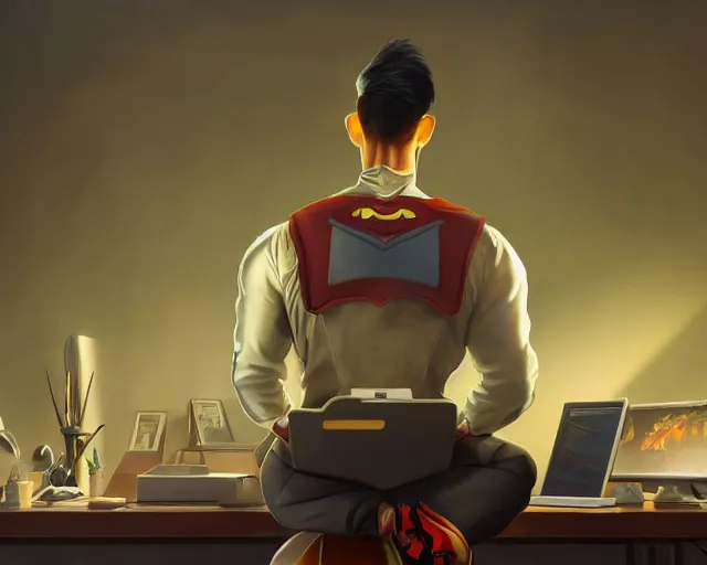 Image similar to an insanely detailed painting of a nerdy asian man wearing a superhero costume, sitting at a desk, staring at the nervously at the computer and typing, in the style of peter mohrbacher, dramatic lighting and composition, surreal background, octane render, pixar, trending on artstation, concept art, comic book, view from behind