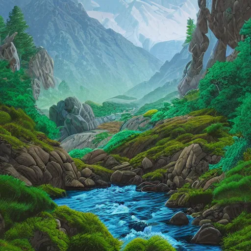 Image similar to avila mountains river, granite rocks, green, cascade, a detailed matte painting by dan mumford, deviantart contest winner, maximalism, 2 d game art, detailed painting, physically based rendering