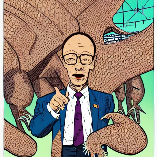 Image similar to detailed intricate colour illustration of businessmen in suits throwing up gang signs at a mecha dinosaur, in the style of Geof Darrow